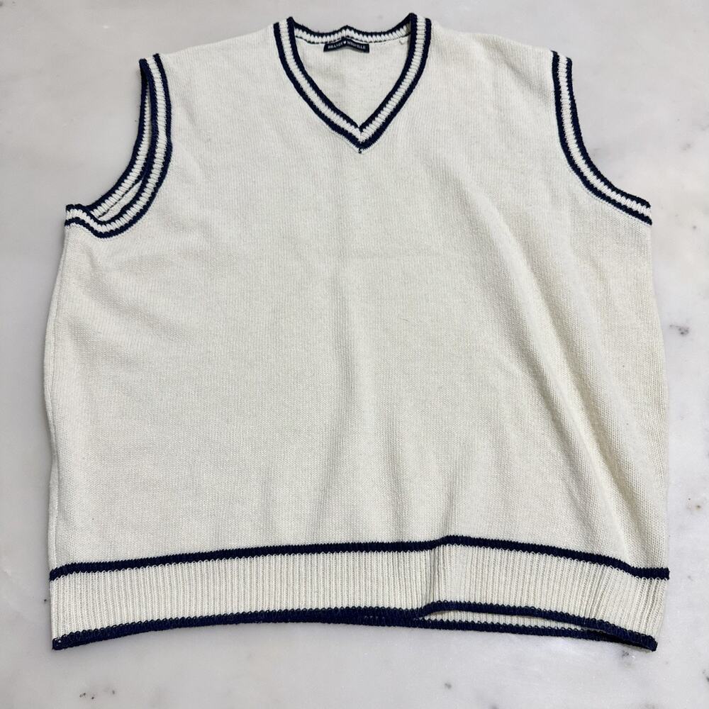 Brandy Melville Women Wool Blend Sweater Vest Knit White Cream Navy Trim Preppy